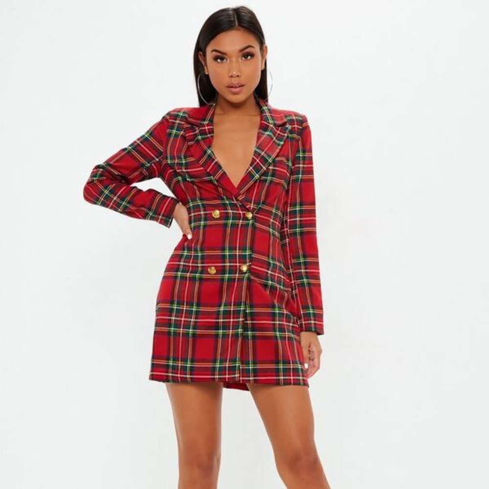 New Red Plaid Blazer Dress Missguided